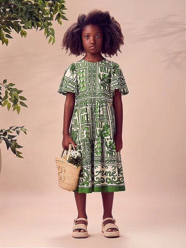 Vestido Infantil Verde Azeitona Anime