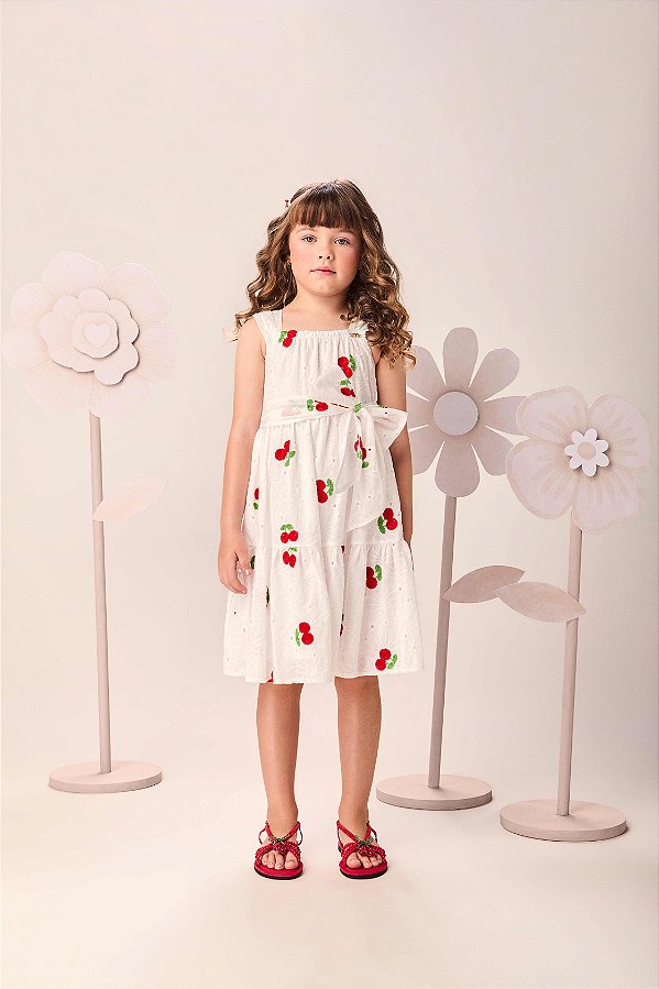 Vestido Infantil Laise Bordado Cerejas Momi