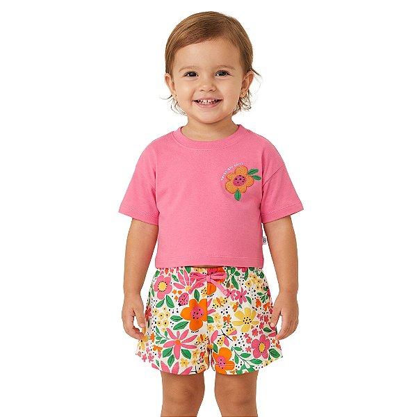 Conjunto Infantil Rosa Shorts Floral Jaca Lele