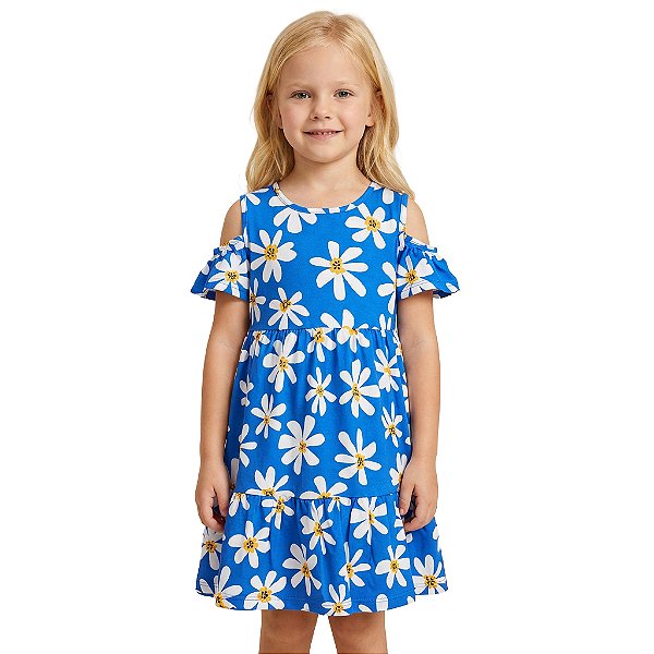 Vestido Infantil Azul Flores Brancas Jaca Lele