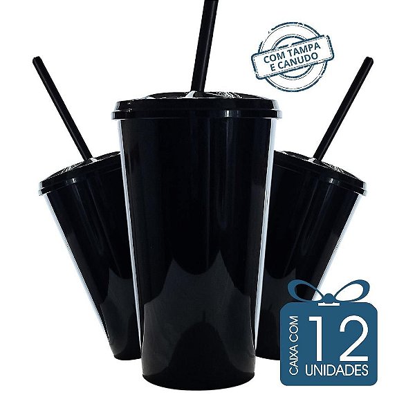 12 Copos Twister 500 ml Preto com tampa e canudo