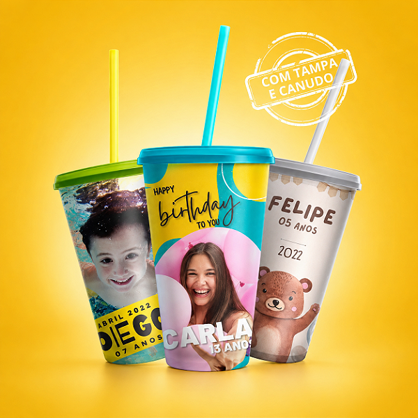 100 Copos EcoLabel 550 ml - C/ TAMPA E CANUDO - Biodegradável Personalizados 360°