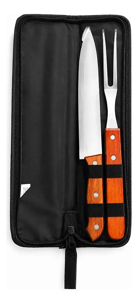Kit Churrasco Tradicional 2 Peças Inox com Cabo de Madeira e Bolsa de Transporte