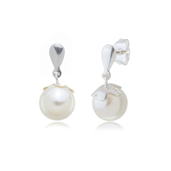 Cartela de Brincos Pérola 10mm com Gotinha - Prata 925 (Contém 12 Pares)