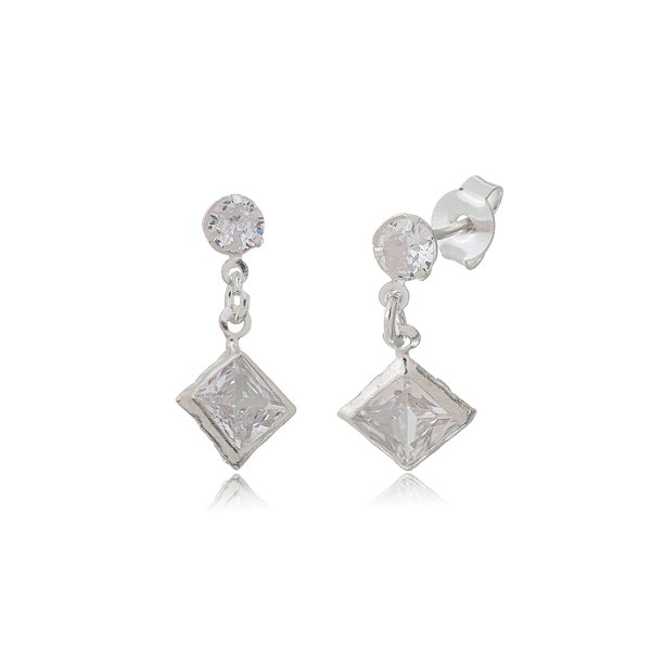 Cartela de Brincos Redondo 4mm com Quadrado 6x6 - Cristal - Prata 925 (Contém 12 Pares)