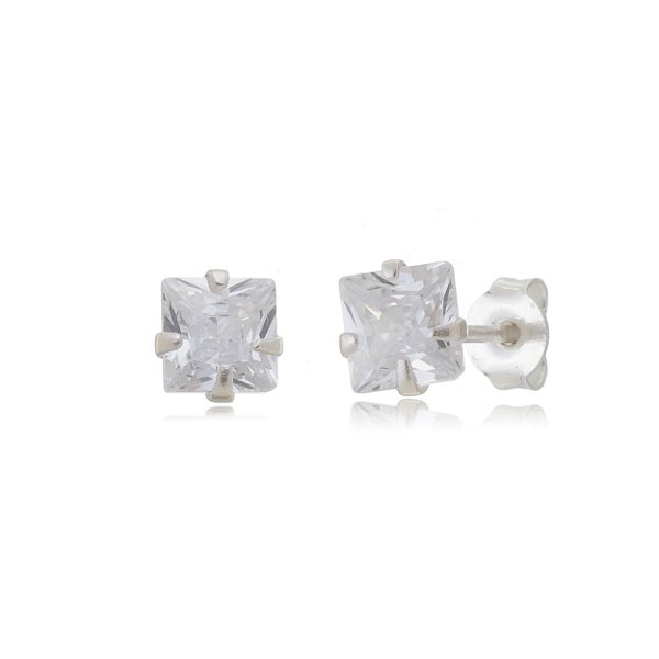 Cartela de Brincos Quadrado 8x8 - Cristal - Prata 925 (Contém 12 Pares)
