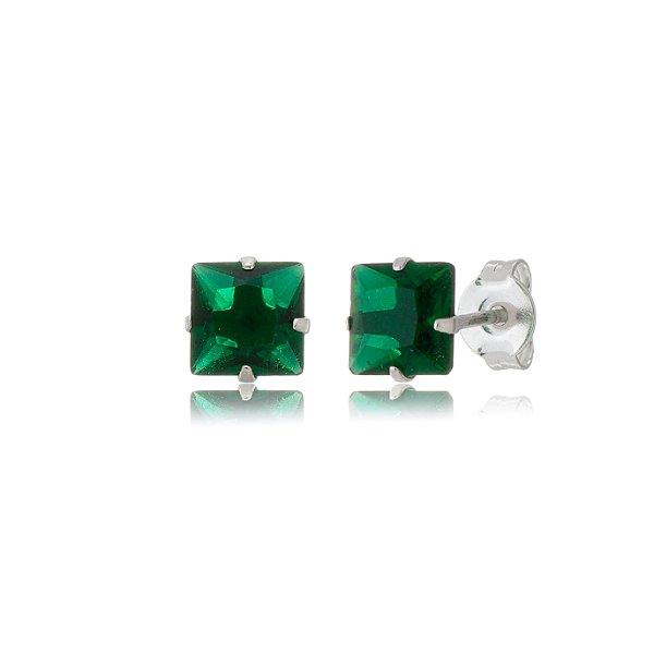 Cartela de brincos zircônia quadrado 6x6 - Verde Esmeralda - Prata 925 (Contém 12 Pares)