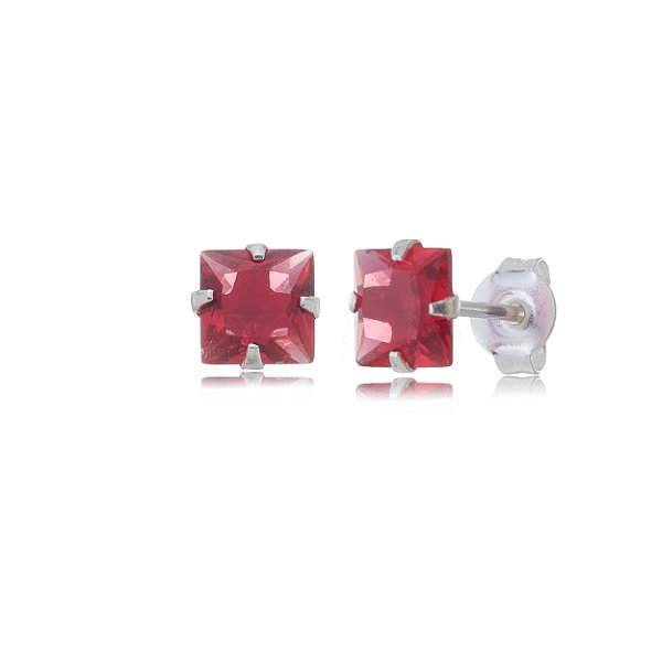 Cartela de brincos zircônia quadrado 6x6 - Cereja - Prata 925 (Contém 12 Pares)