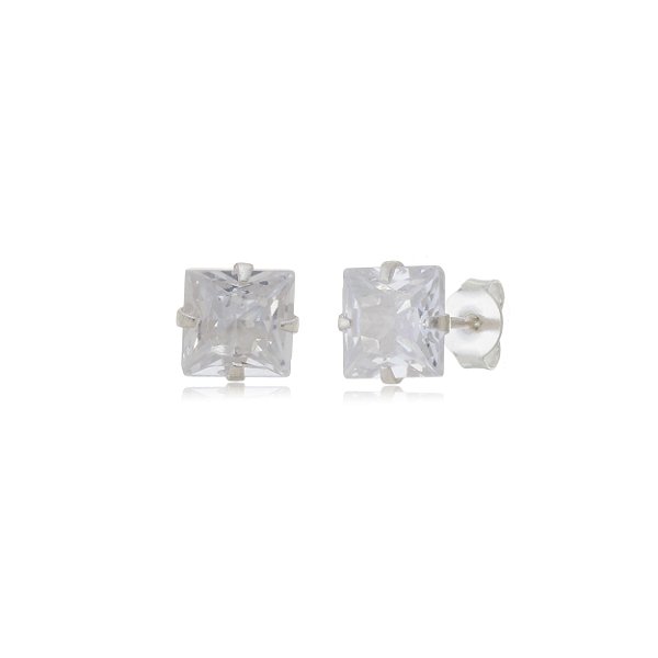 Cartela de brincos zircônia quadrado 6x6 - Cristal - Prata 925 (Contém 12 Pares)