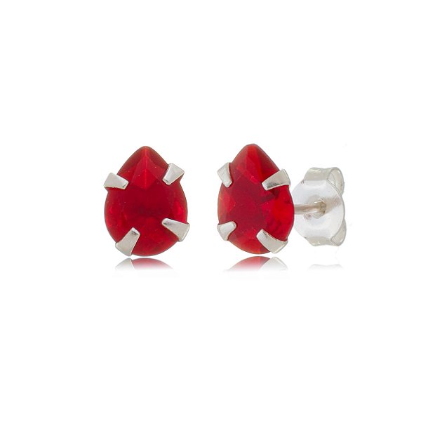 Cartela de Brincos Gota 6X8 - Vermelho- Prata 925 (Contém 12 Pares)