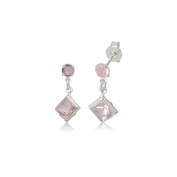 Cartela de Brincos Redondo 4mm com Quadrado 6x6 - Rosa - Prata 925 (Contém 12 Pares)