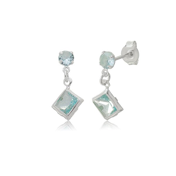 Cartela de Brincos Redondo 4mm com Quadrado 6x6 - Azul Bebê - Prata 925 (Contém 12 Pares)