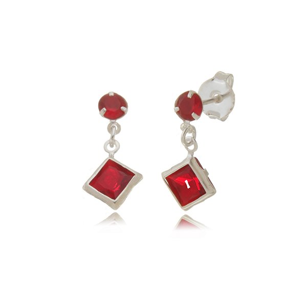 Cartela de Brincos Redondo 4mm com Quadrado 6x6 - Vermelho - Prata 925 (Contém 12 Pares)