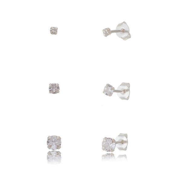 Trios de brincos zircônia Redondo - Cristal 2/3/4mm - Prata 925 (Contém 5 Trios)
