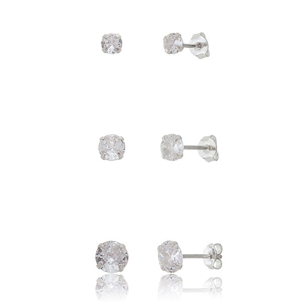 Trios de brincos zircônia 4/5/6mm - Cristal - Prata 925 (5 trios)