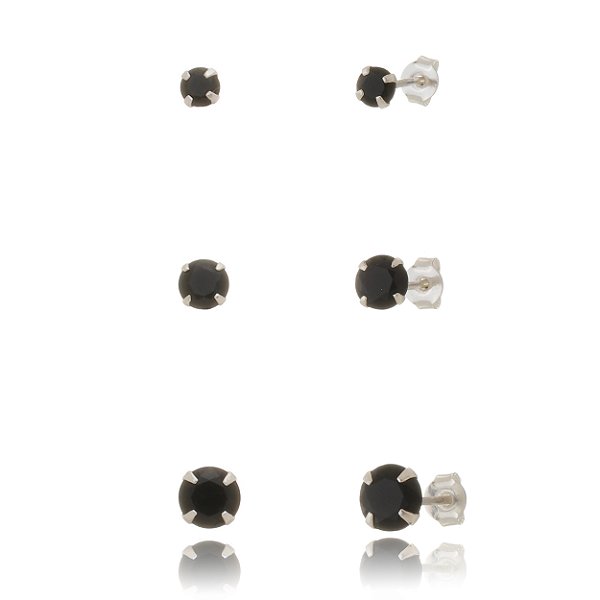 Trios de brincos zircônia 4/5/6mm - Preto - Prata 925 (5 trios)