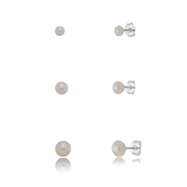 Trios de brincos Pérola Embutido 3/4/5mm - Prata 925 (Contém 5 Trios)