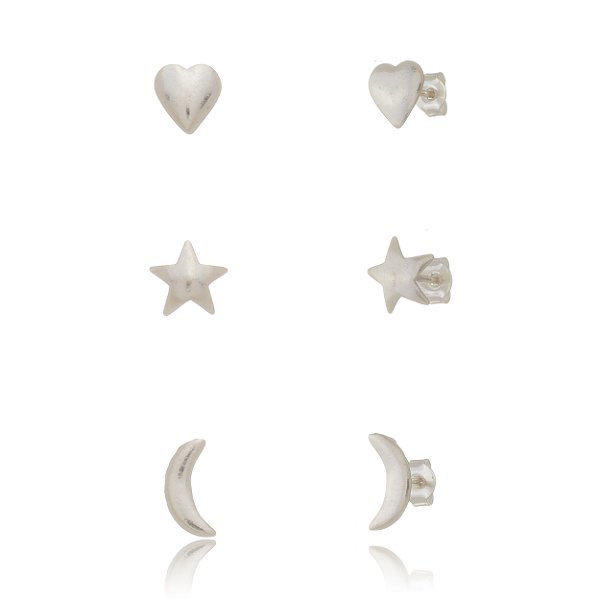 Trios de brincos Estampados - Lua, Estrela, Coração G - Prata 925 (Contém 5 Trios)