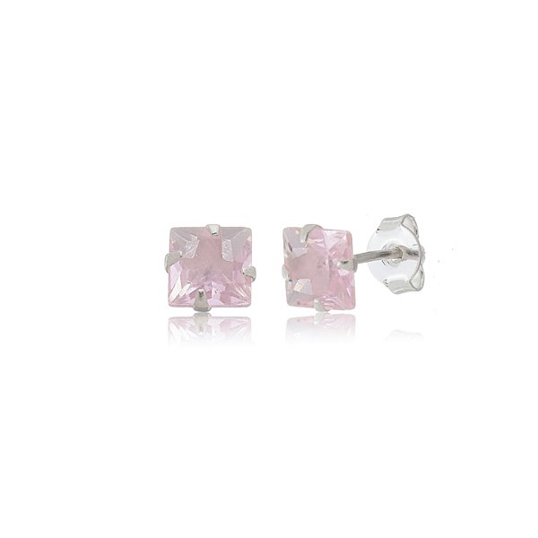 Cartela de brincos zircônia quadrado 6x6 - Rosa - Prata 925 (Contém 12 Pares)