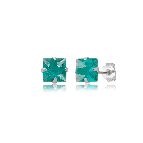 Cartela de brincos zircônia quadrado 6x6 - Verde Mar - Prata 925 (Contém 12 Pares)
