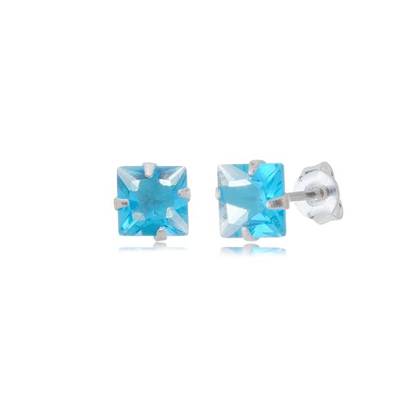 Cartela de brincos zircônia quadrado 6x6 - Azul Céu - Prata 925 (Contém 12 Pares)