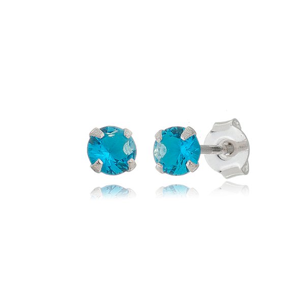 Cartela de brincos zircônia redondo 4mm - Azul Céu - Prata 925 (Contém 12 Pares)