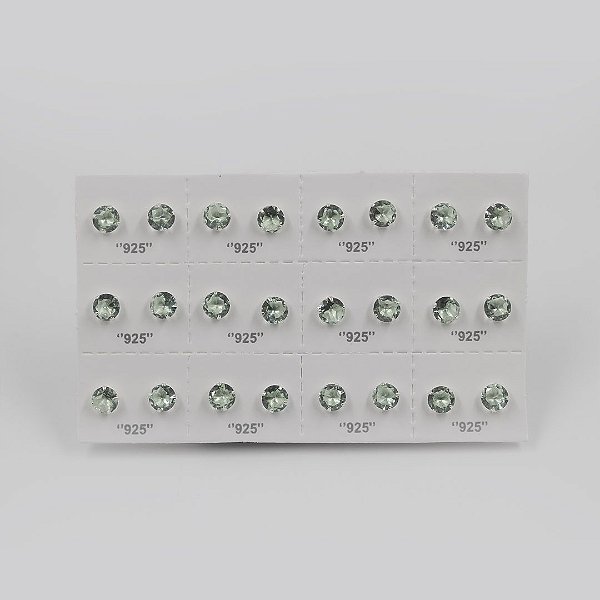 Cartela de brincos zircônia redondo 6mm - Verde Paraíba - Prata 925 (12 pares)
