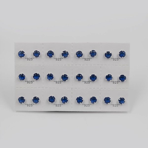 Cartela de brincos zircônia Redondo 6mm - Azul Royal - Prata 925 (Contém 12 Pares)