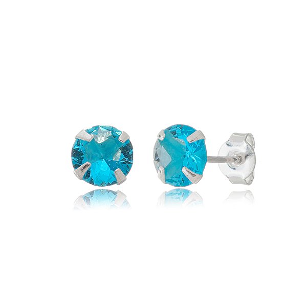 Cartela de brincos zircônia redondo 7mm - Azul Céu - Prata 925 (Contém 12 Pares)