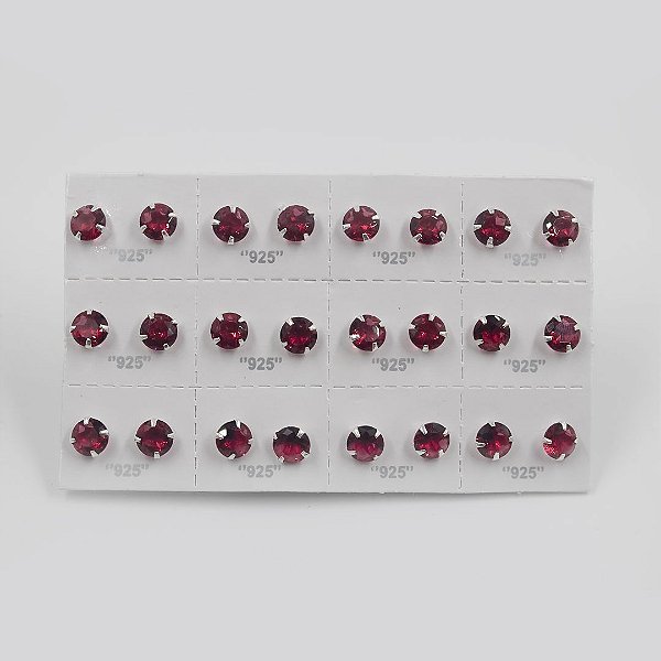Cartela de brincos zircônia redondo 7mm - Cereja - Prata 925 (Contém 12 Pares)