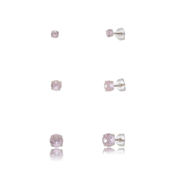 Trios de brincos zircônia Redondo - Rosa - 3/4/5mm - Prata 925 (Contém 5 Trios)