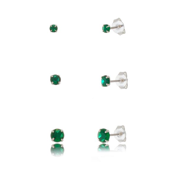 Trios de brincos zircônia Redondo - Esmeralda - 3/4/5mm - Prata 925 (Contém 5 Trios)