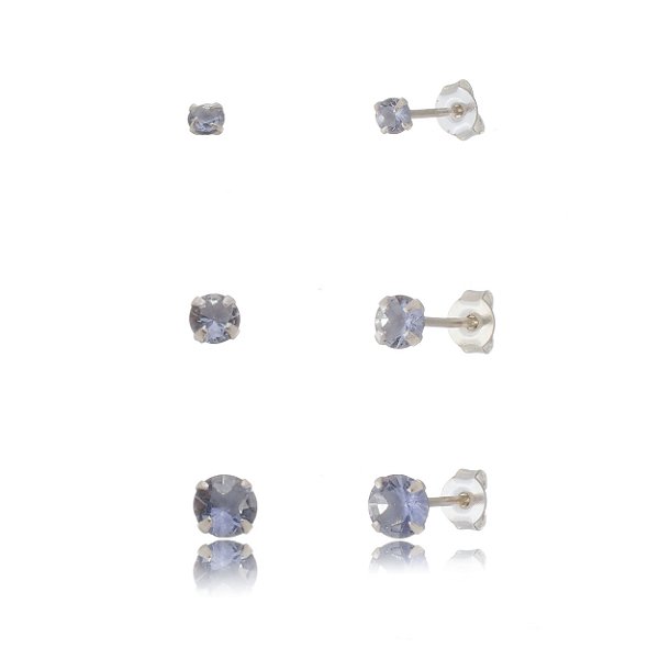 Trios de brincos zircônia Redondo - Lilás - 3/4/5mm - Prata 925 (Contém 5 Trios)