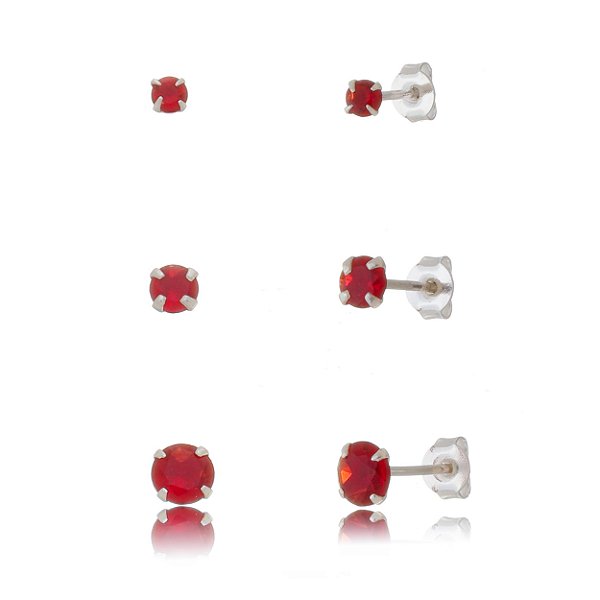 Trios de brincos zircônia Redondo - Vermelho -3/4/5mm - Prata 925 (Contém 5 Trios)