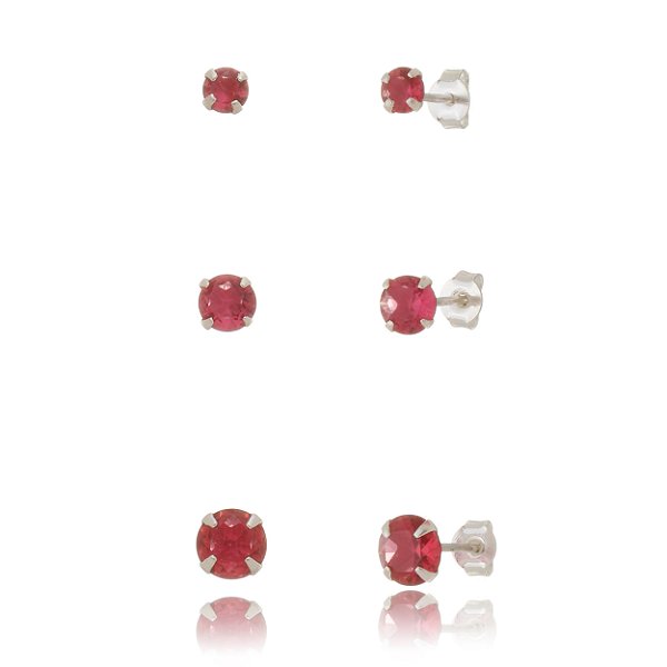 Trios de brincos zircônia Redondo - Cereja - 3/4/5mm - Prata 925 (Contém 5 Trios)