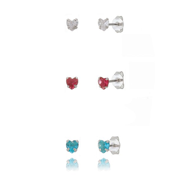 Trio de brincos Coração 4x4 - Cristal/Fúcsia/Azul - Prata 925 (Contém 5 Trios)