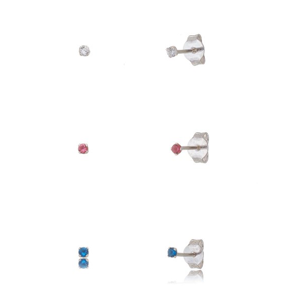 Trios de brincos zircônia 2mm - Cristal/Cereja/Azul Royal - Prata 925 (Contém 5 Trios)
