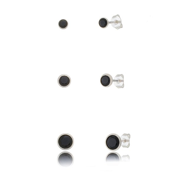 Trios de brincos zircônia Embutido 3/4/5mm - Preto - Prata 925 (Contém 5 Trios)