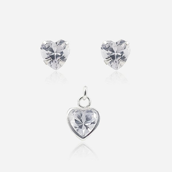 Conjunto Redondo Coração 7mm - Pingente + Brinco - Prata 925 (Contém 5 Conjuntos)