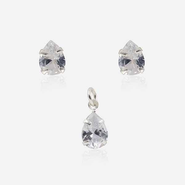 Conjunto Redondo Gota 6x8 - Pingente + Brinco - Prata 925 (Contém 5 Conjuntos)