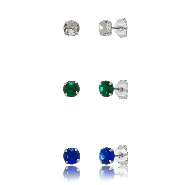 Trio de brincos Redondo 5mm - Trio COPA - Amarelo, Verde e Azul - Prata 925 (Contém 5 Trios)