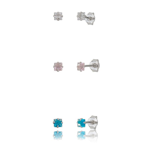 Trio de brincos Quadrado 3x3 - Azul/Rosa/Cristal - Prata 925 (Contém 5 Trios)