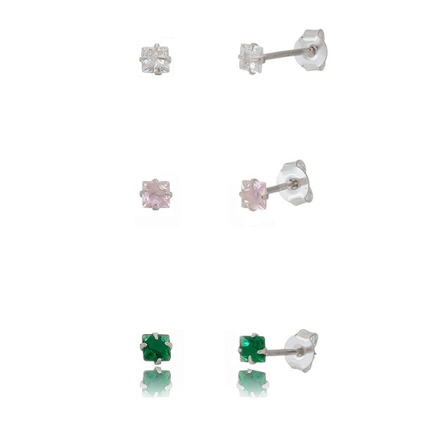 Trio de brincos Quadrado 3x3 - Rosa/Verde/Cristal - Prata 925 (Contém 5 Trios)