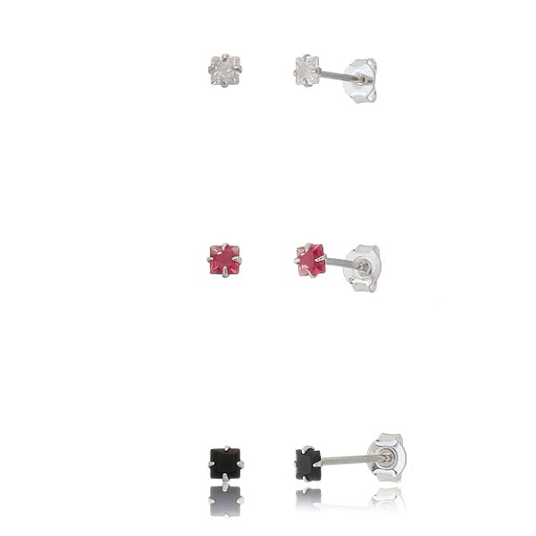 Trio de brincos Quadrado 3x3 - Cristal/Fúcsia/Preto - Prata 925 (Contém 5 Trios)
