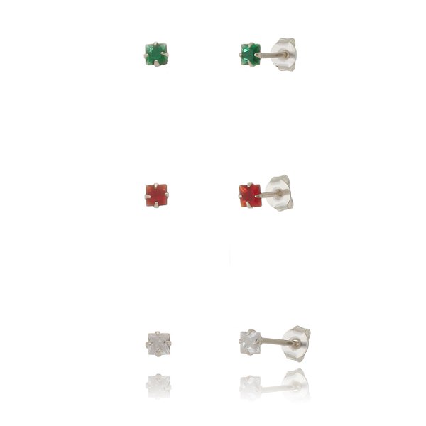 Trio de brincos Quadrado 3x3 - Cristal/Verde/Vermelho - Prata 925 (Contém 5 Trios)