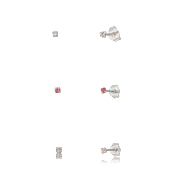 Trios de brincos zircônia 2mm - Rosa/Cereja/Cristal- Prata 925 (Contém 5 Trios)