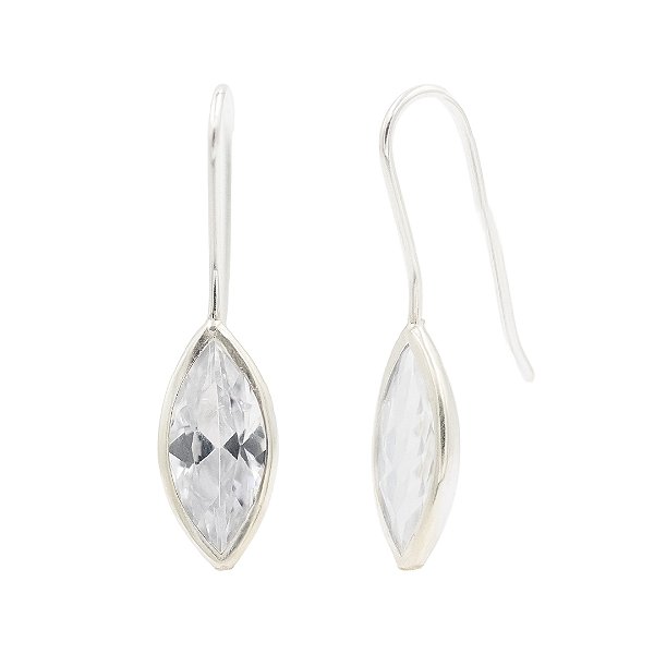 Brinco gancho com navete zircônia 7x15mm - Cristal - Prata 925 (Par)
