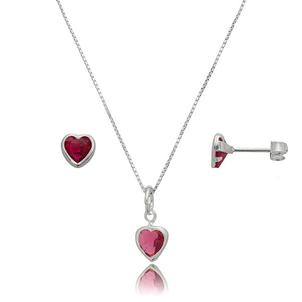 Conjunto Coração Embutido 6mm - Fúcsia- Prata 925