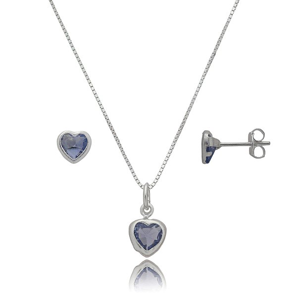 Conjunto Coração Embutido 6mm - Lilás- Prata 925
