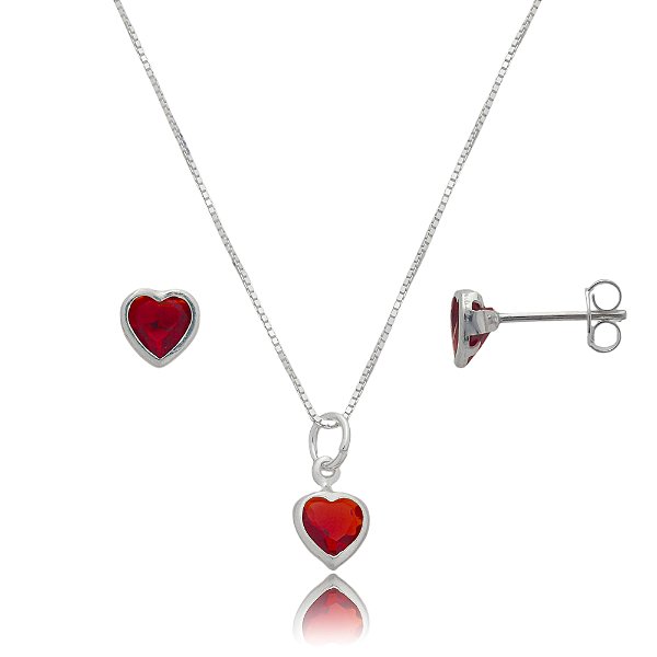 Conjunto Coração Embutido 6mm - Vermelho - Prata 925